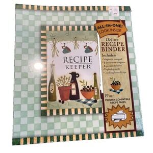 New green checkered deluxe Recipe Keeper 3-Ring Binder Organizer magnets notepad